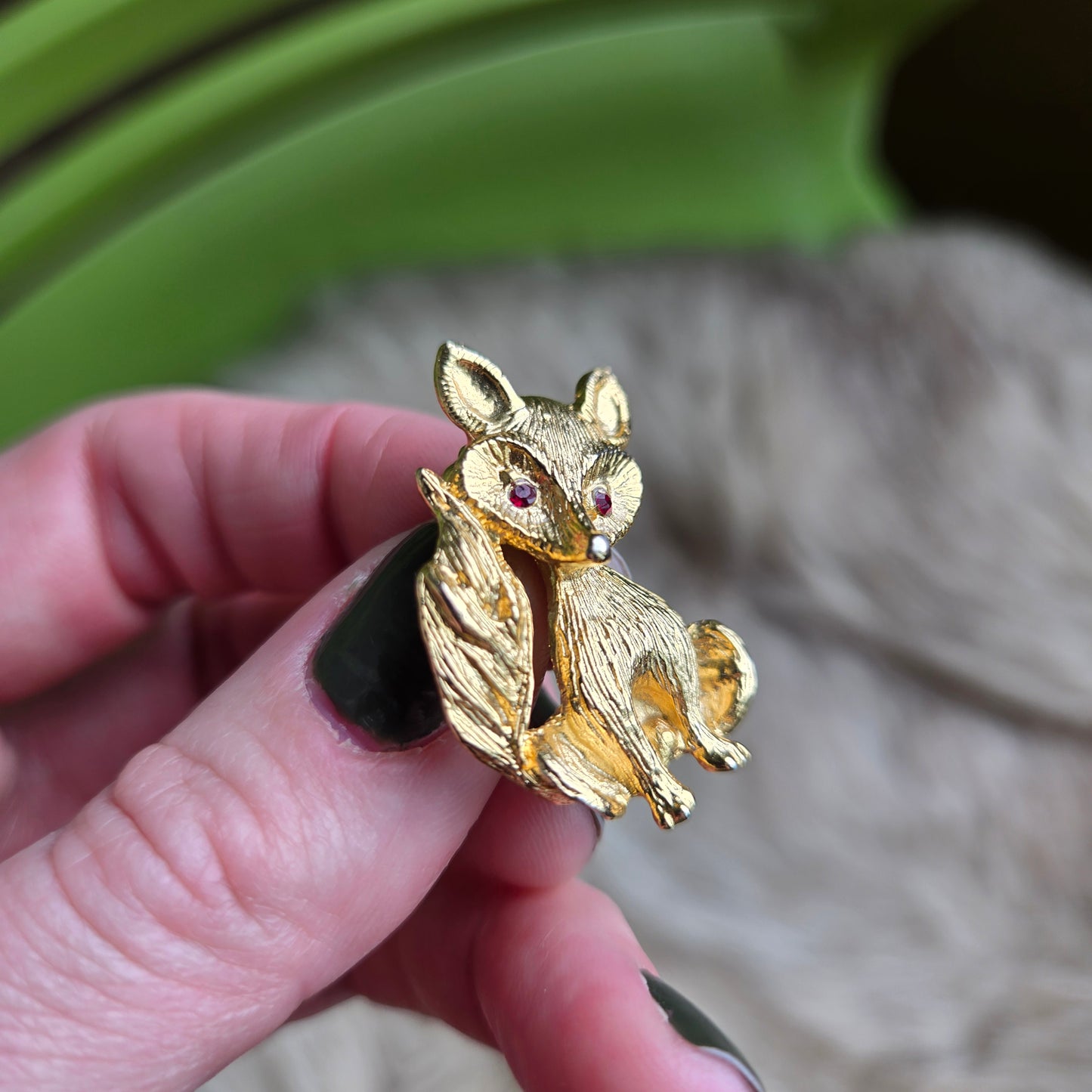 Fox Gold Tone Brooch with Red Rhinestone Eyes