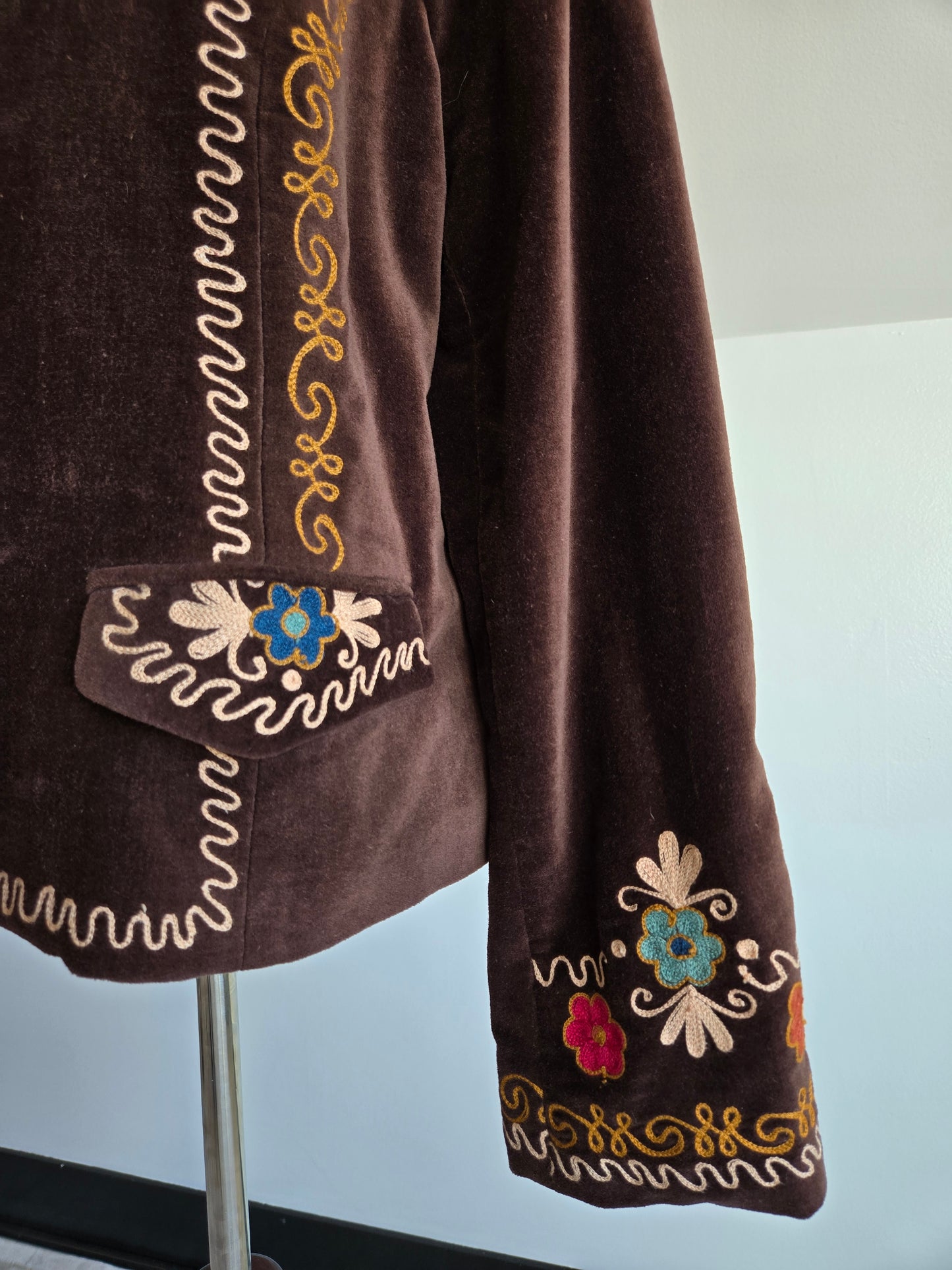 Doubled D Ranch Brown Velvet Blazer with Colorful Stitching Detail - XL