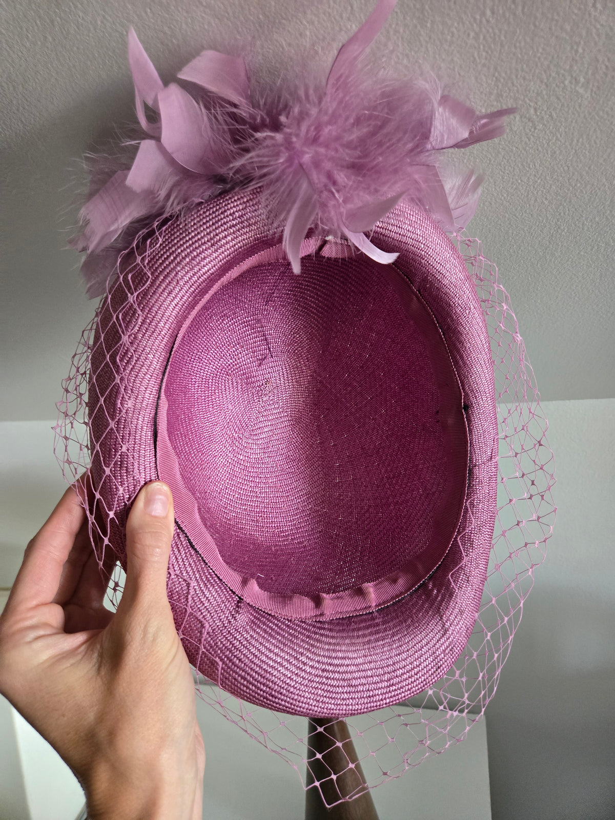 Vintage Lavender Fascinator with Mesh and Feathers