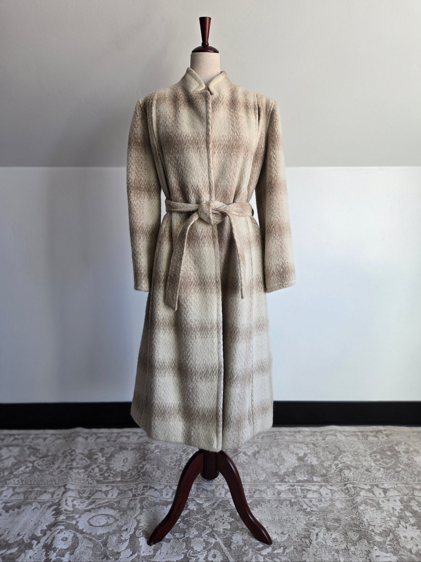 Vintage 1950s Plaid Wool Over Coat with Waist Tie - M/L