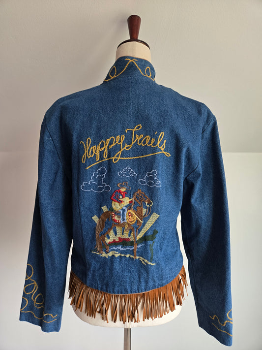 Happy Trails Embroidered Denim Western Jacket with Fringe - Medium
