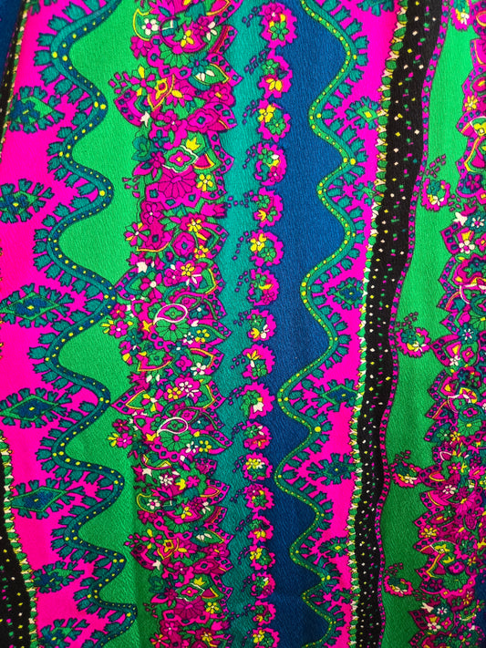 Vintage 70s Black Maxi Dress with Barkcloth Skirt - small