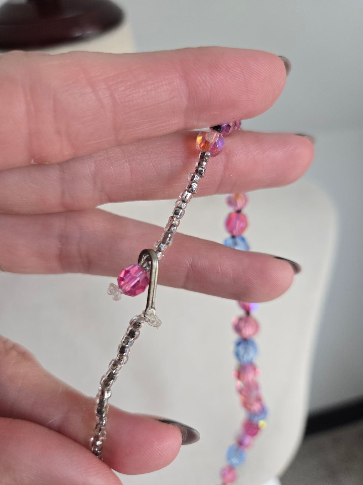 Vintage Pink and Blue Glass AB Bead Necklace