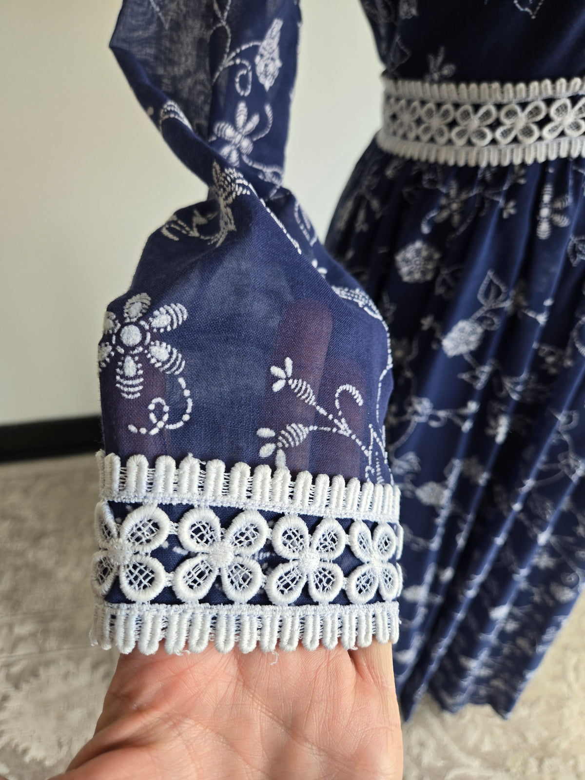 Vintage 70s Navy Blue Floral Embroirdered Maxi Dress - S/M