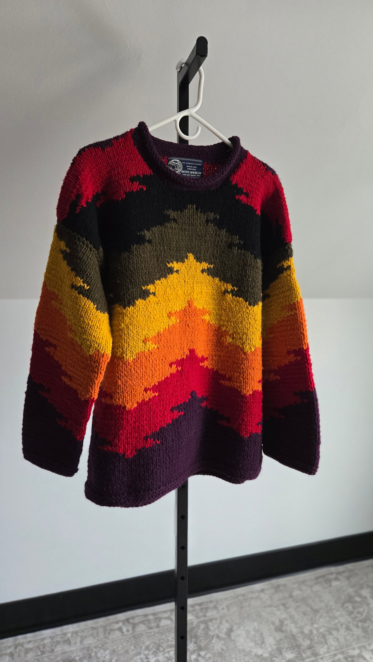 Otavalo Hand Knit Wool Rainbow Tree Native American for Outdoor Men Sweater - Large