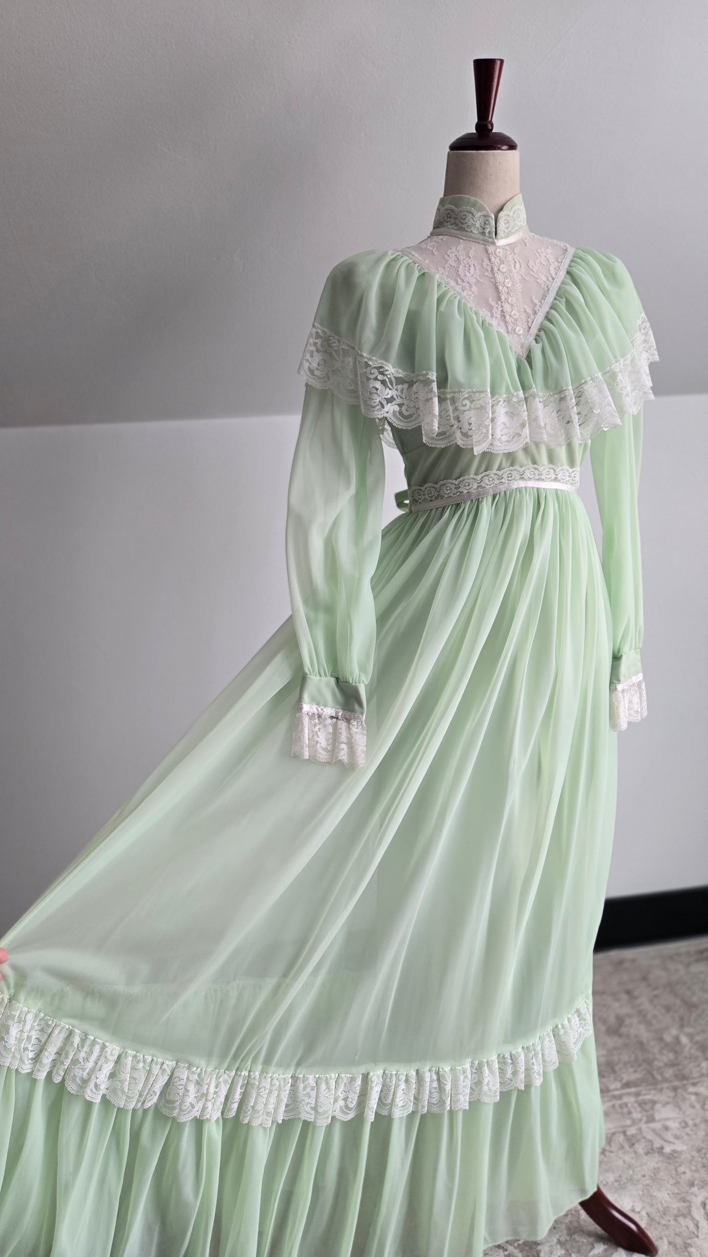 Vintage 1970s Union Made Lime Green Coquette Formal Dress - Small