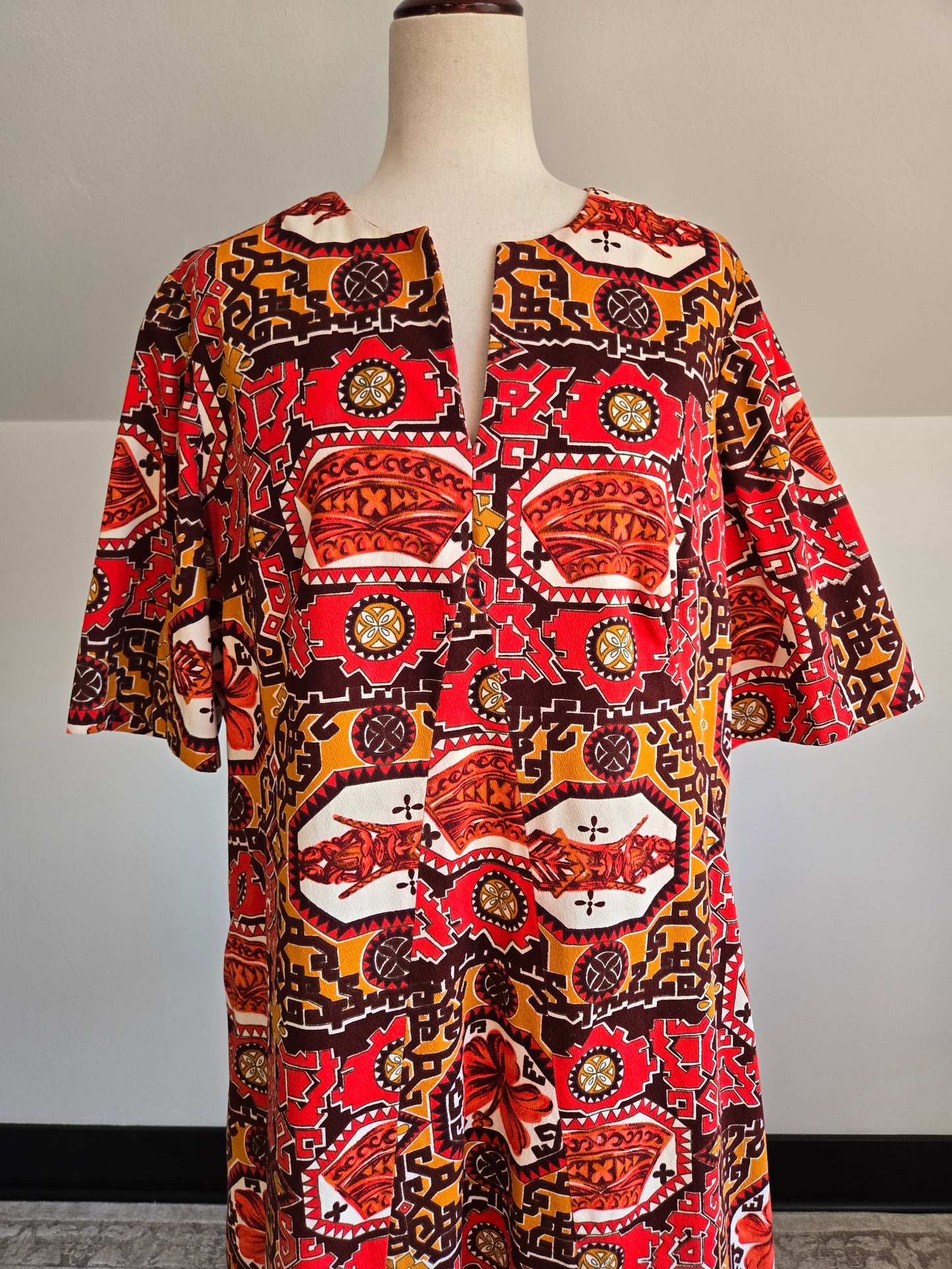 Vintage Barkcloth Red Hawaiian Print Dress - XL