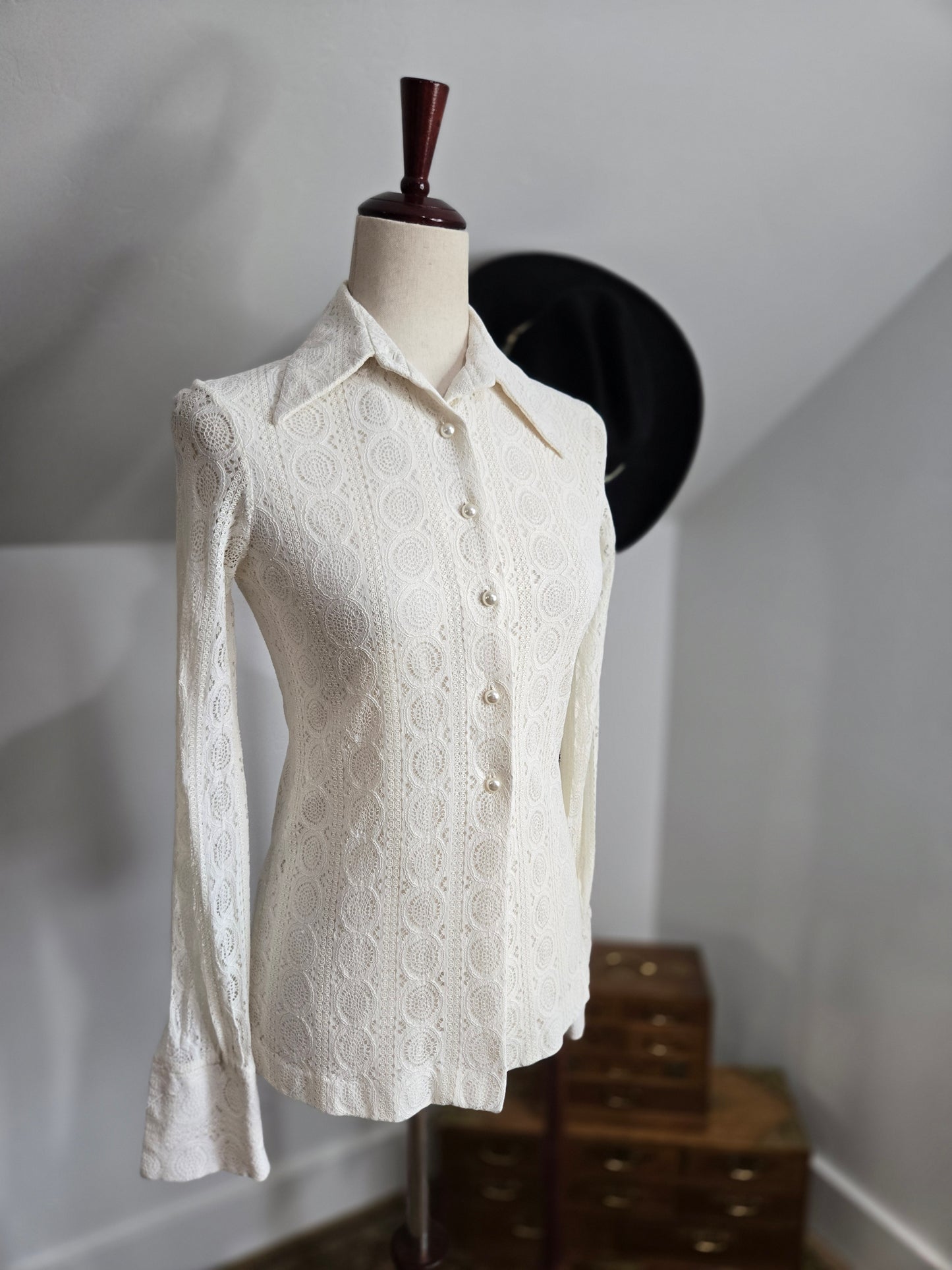Alex Coleman Vintage 70s Lace Button Down Top - XS/S