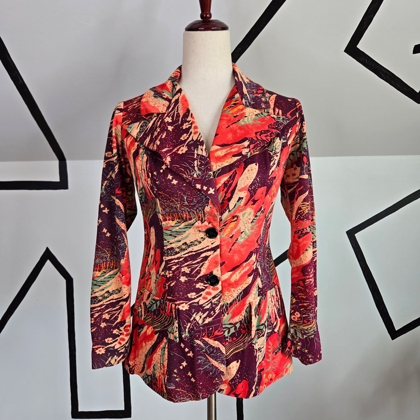 Vintage 1970s Funky Printed Dagger Collar Blazer - XS/Small