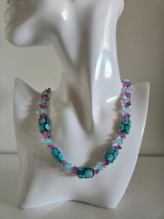 Turquoise and Pink Art Glass Bead Necklace