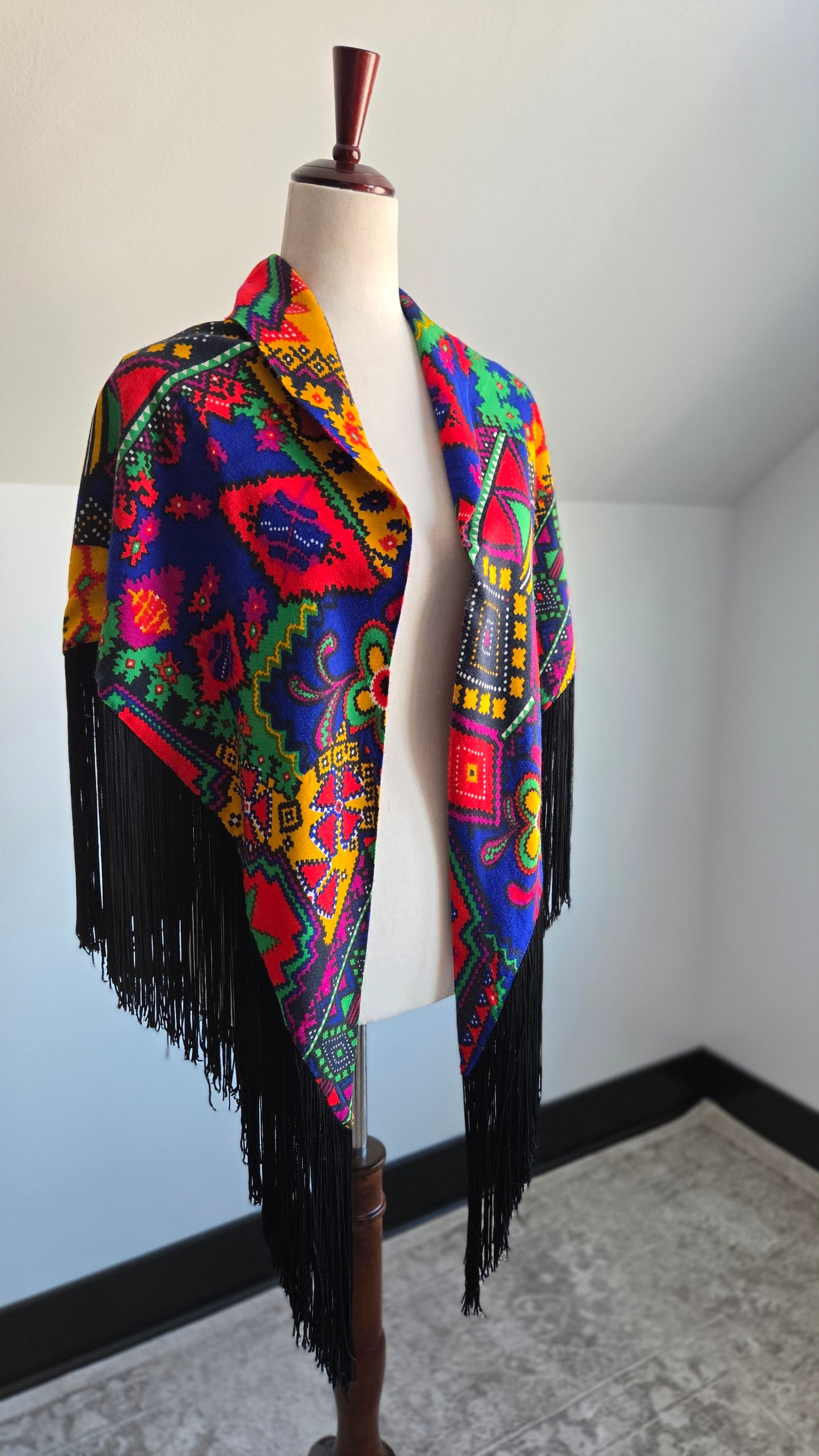 Vintage Barkcloth Dayglo Shawl with Fringe - OS