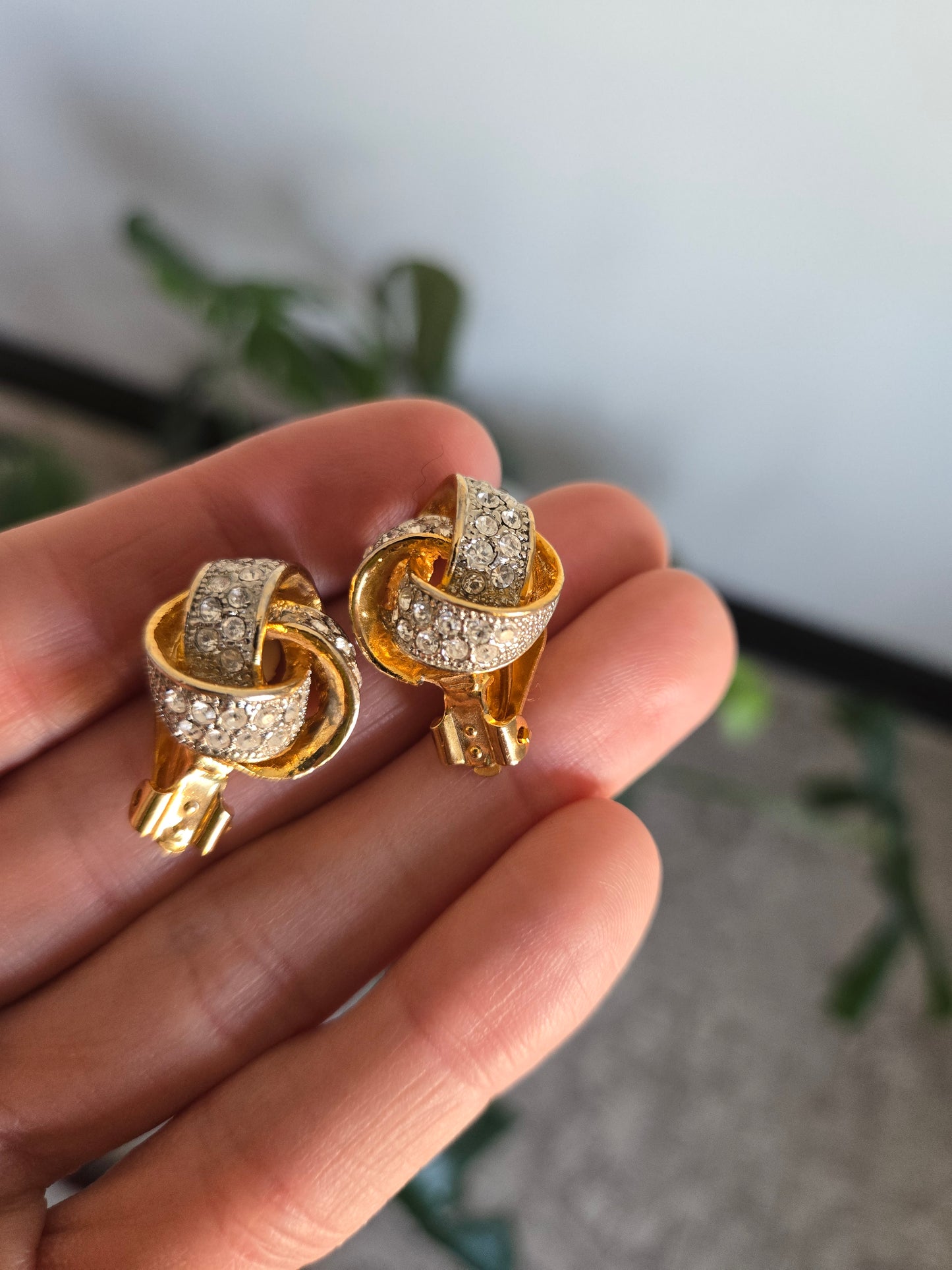 Vintage Gold Tone and Rhinestone Knot Clip Ons