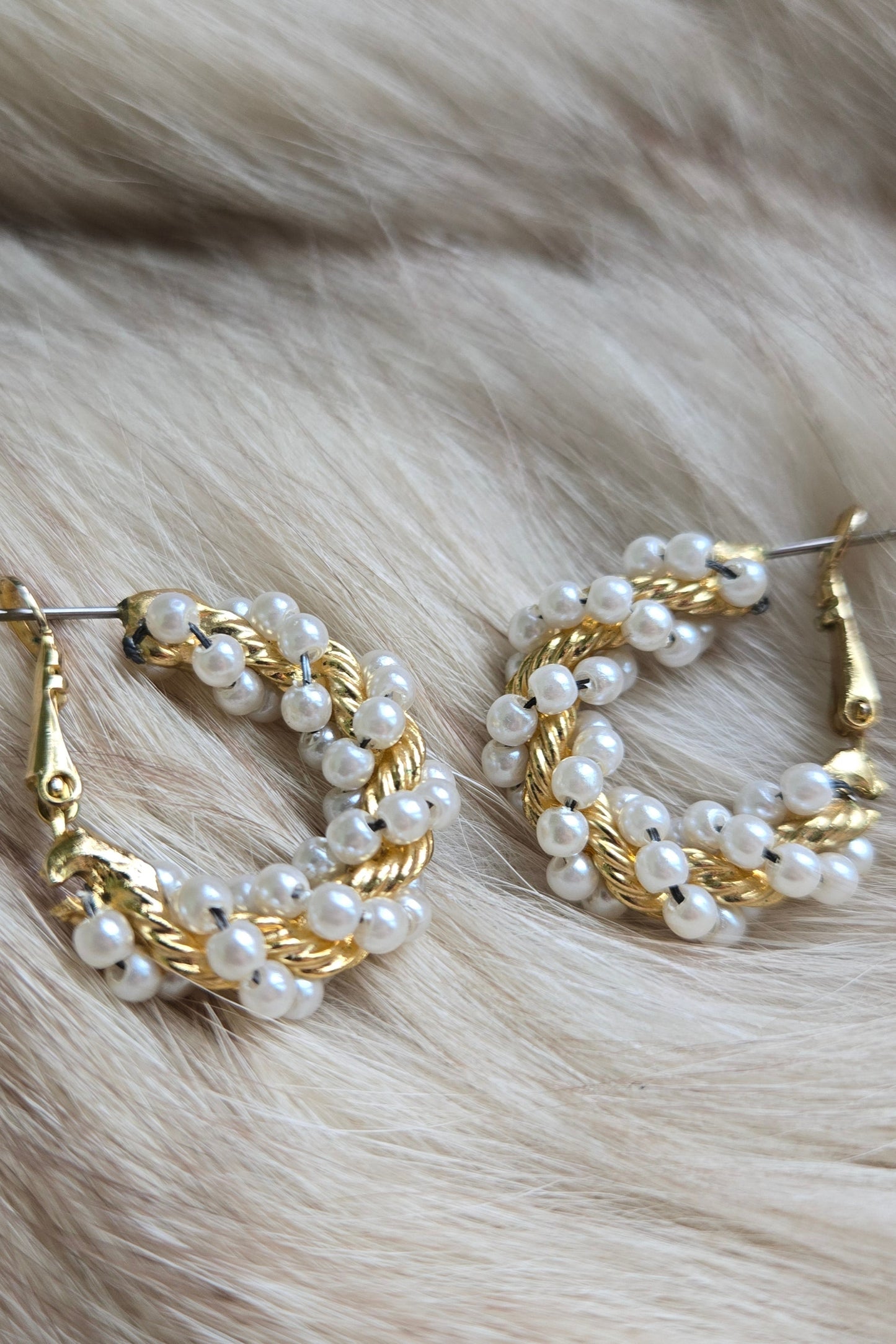 Vintage Spiral Pearl and Gold Hoop Earrings - Pierced