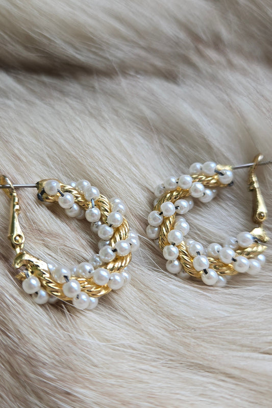 Vintage Spiral Pearl and Gold Hoop Earrings - Pierced