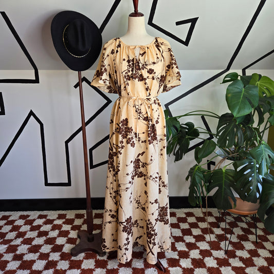 Hilo Hatties Vintage Brown Hawaiian Floral Maxi Dress with Belt - L