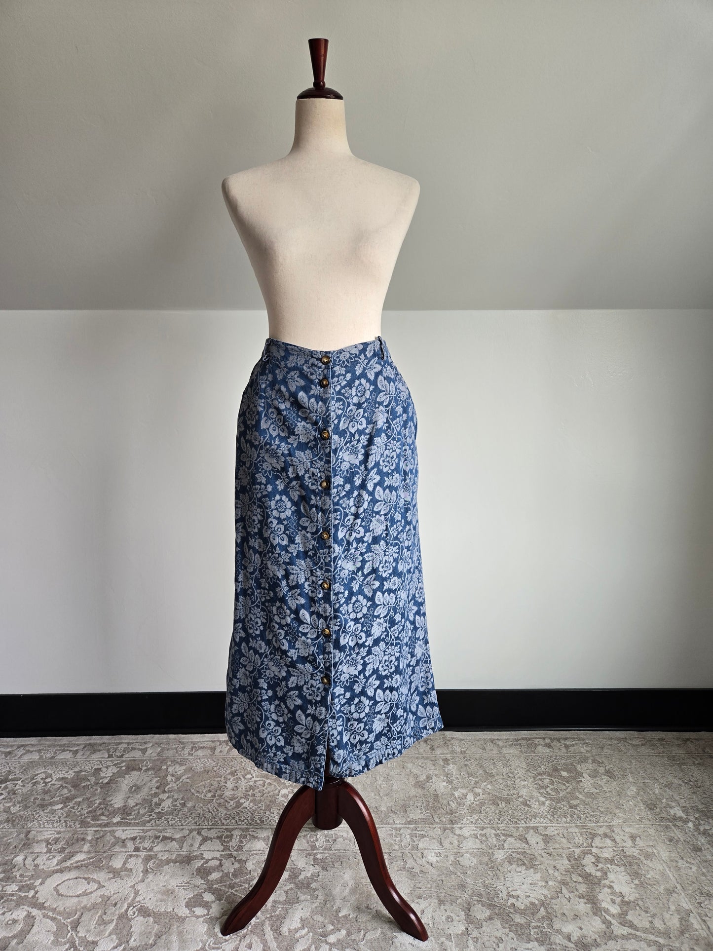 Vintage Orvis Denim Floral Jacquard Skirt - W34-37"