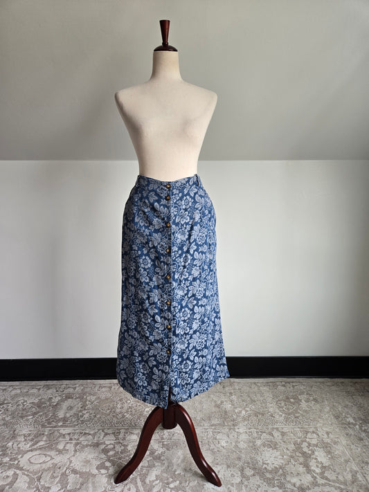 Vintage Orvis Denim Floral Jacquard Skirt - W34-37"