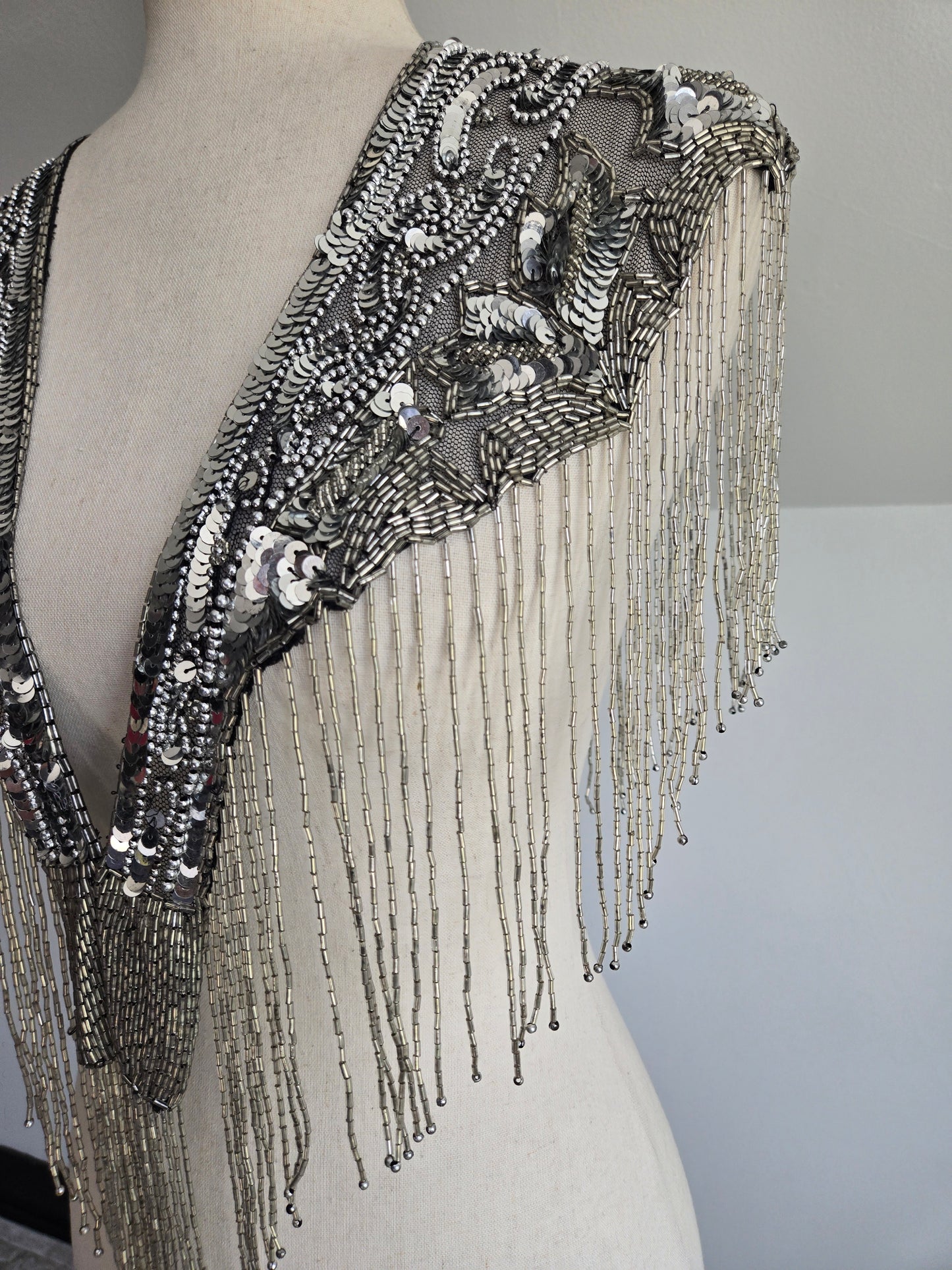 Western Black and Silver Beaded and Sequin Shawl - OS