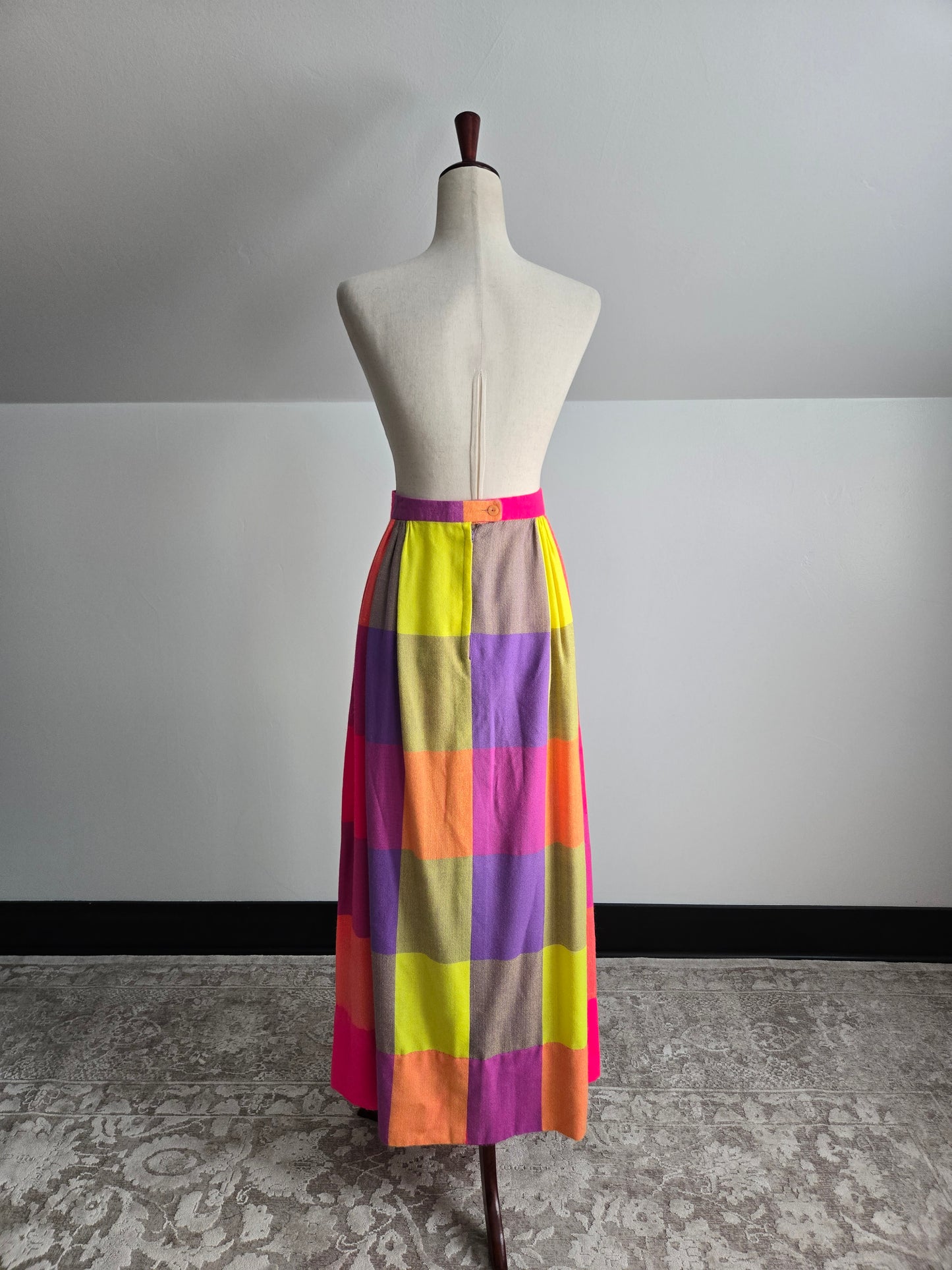 Vintage 70s Neon Plaid Matching Skirt and Scarf Set - W28"