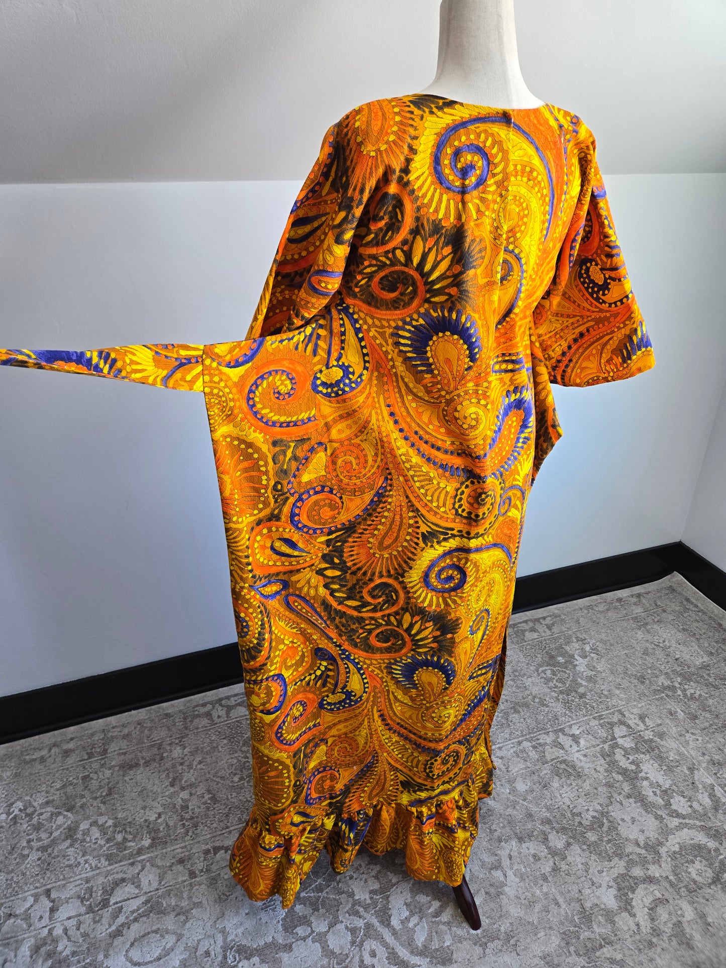 Vintage Barkcloth Orange Psychedelic Dayglo Print Maxi Dress - XS/S