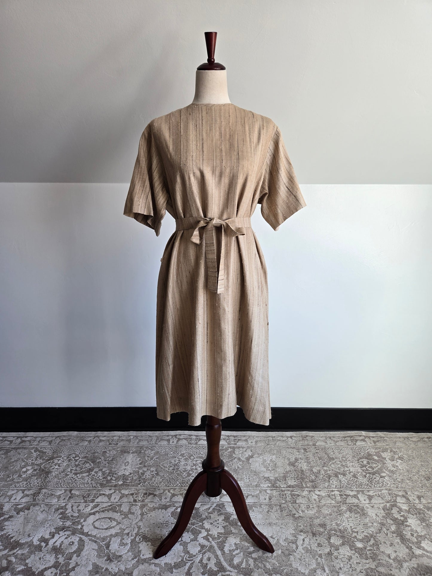 Vintage Raw Silk Tan Hand Made Dress - large