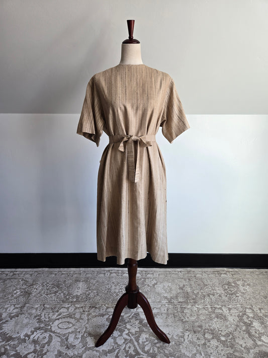 Vintage Raw Silk Tan Hand Made Dress - large