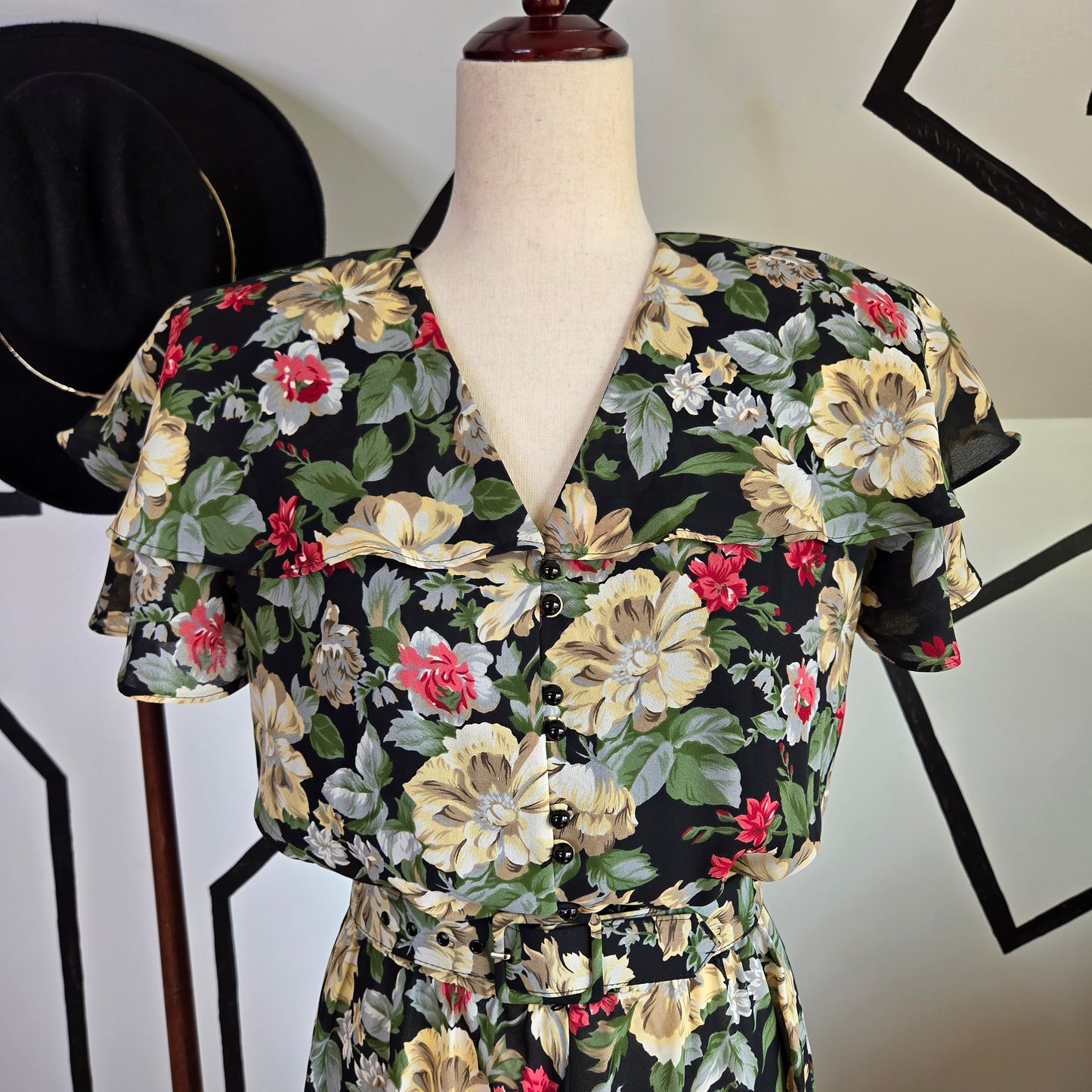 Liz Roberts Vintage 1980 Dark Floral Cape Shoulder Dress