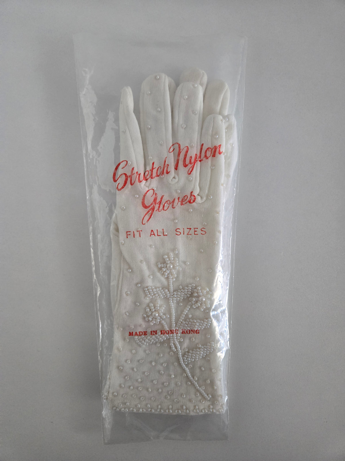 Vintage 1950s Deadstock Nylon Gloves with Pearls - Small