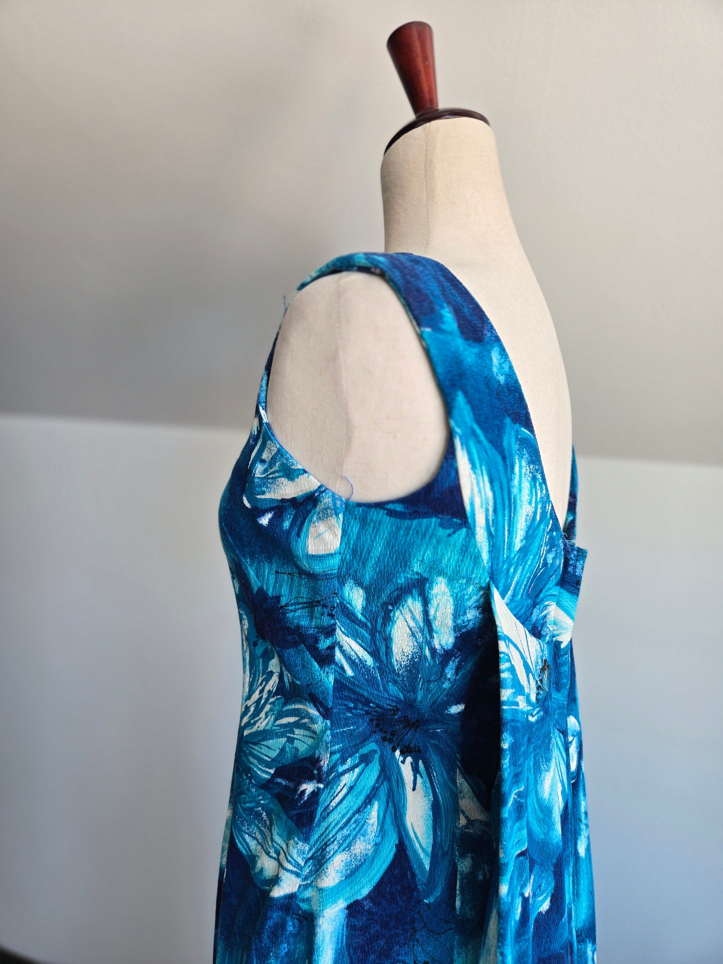 Royal Hawaiian Barkcloth Blue Floral Made in Hawaii Dress - Small