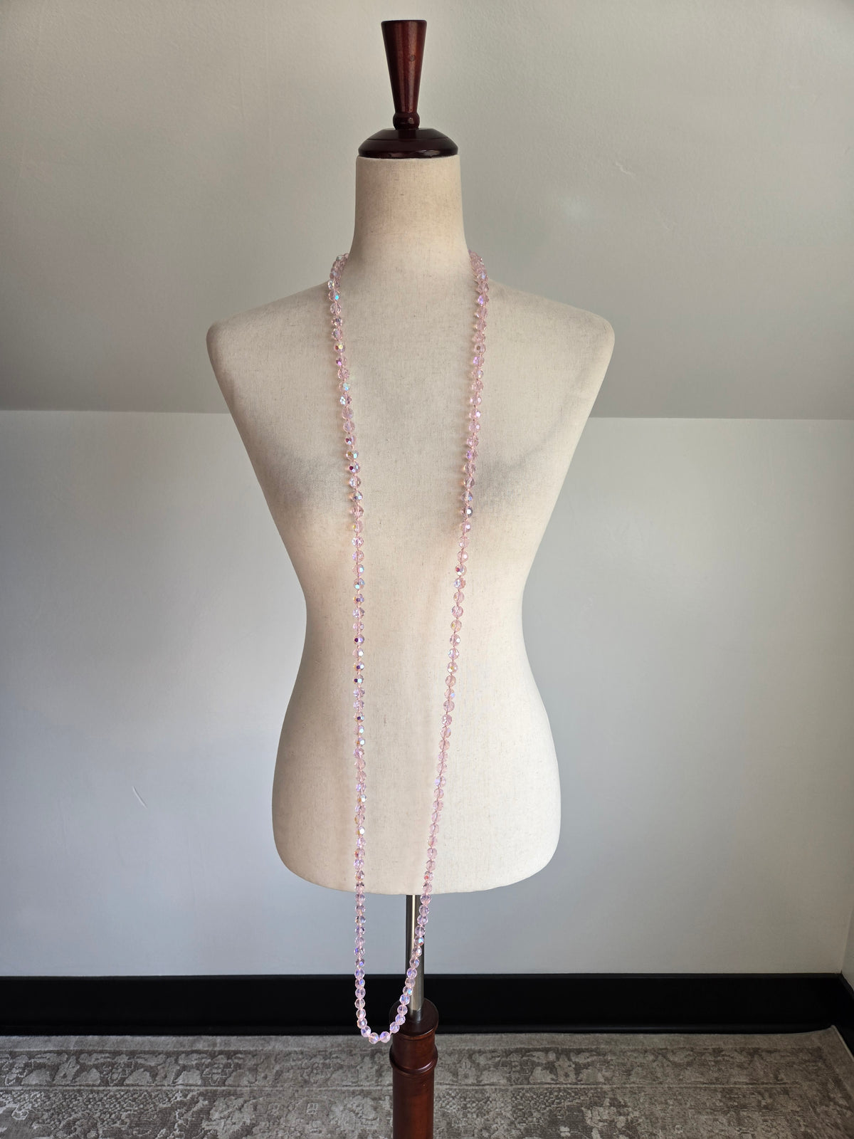 Hand Knotted Pink Glass AB Crystal Long Necklace