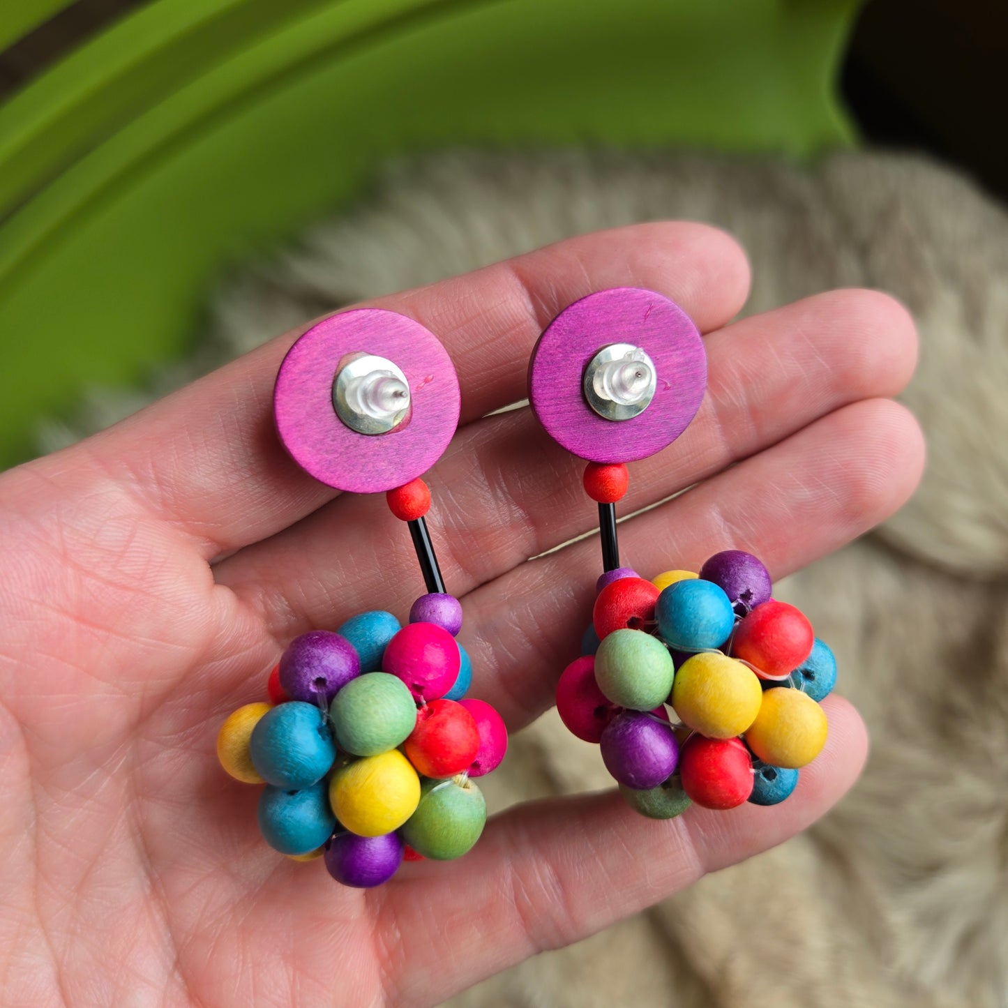 Vintage Wood Rainbow Cluster Drop Earrings - Post Back