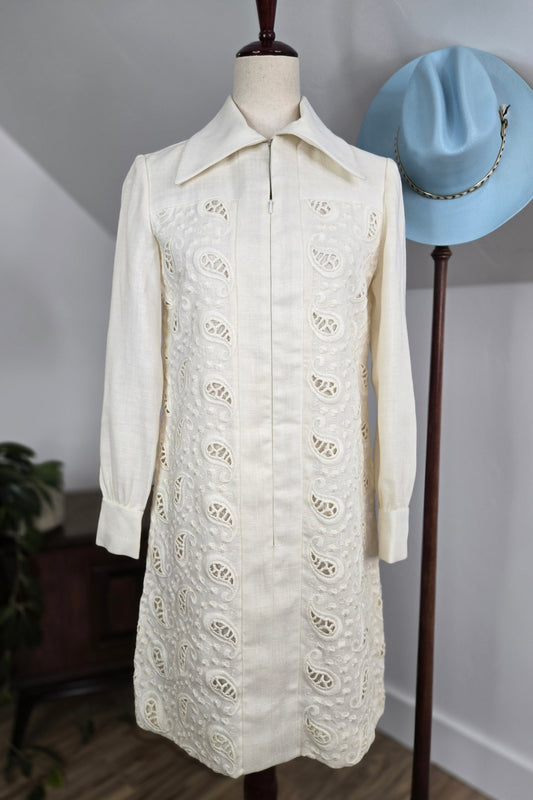 Danika Vintage 1950s Ivory Woven Paisley Dress - Small