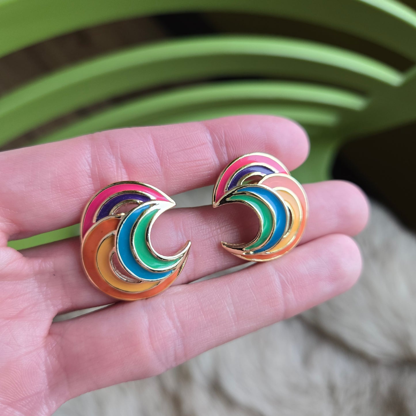 Vintage Enamel Filled Rainbow Earrings - Post Back