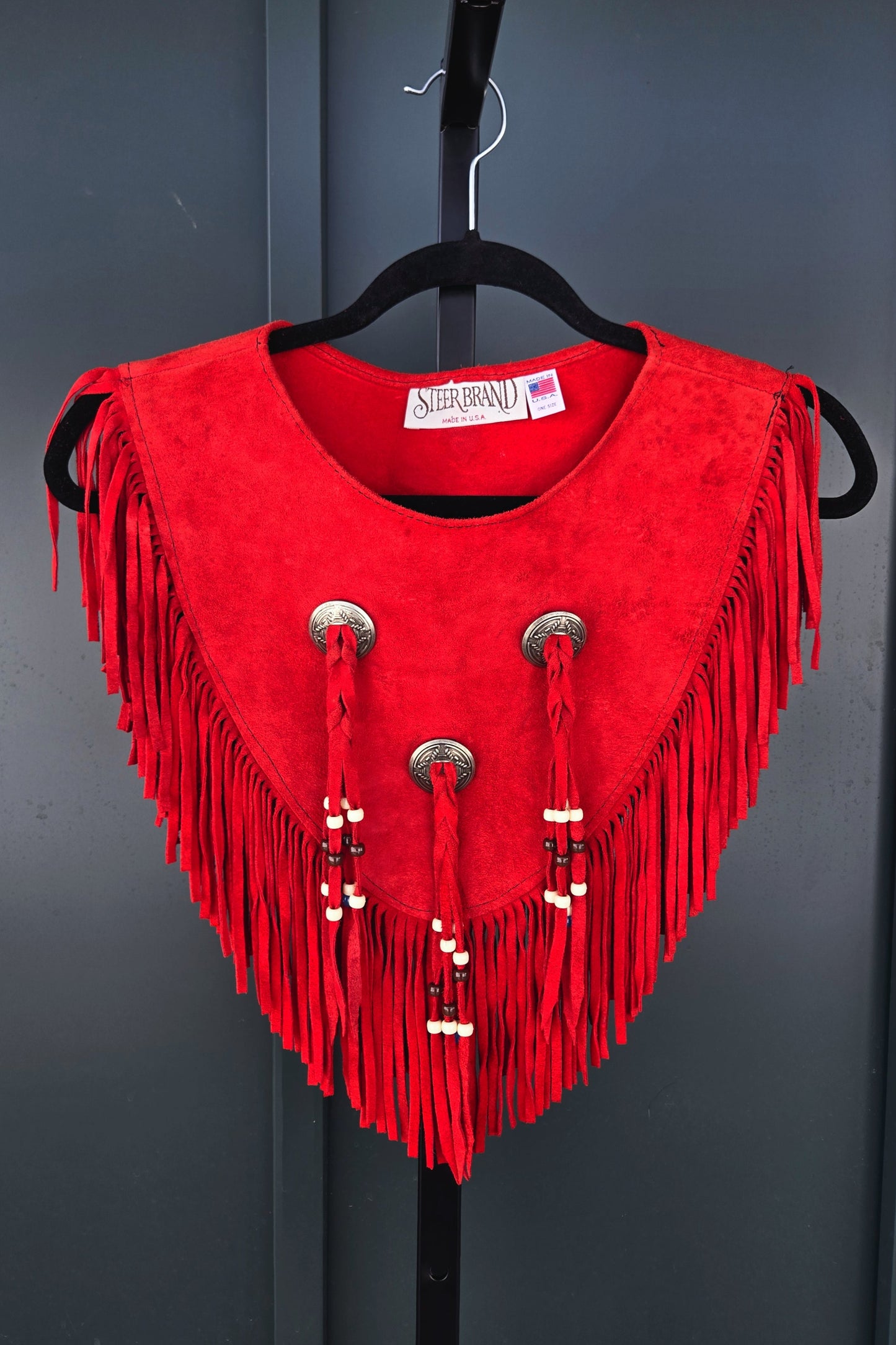 Steer Brand Red Genuine Suede Leather Fringe Cape - OS