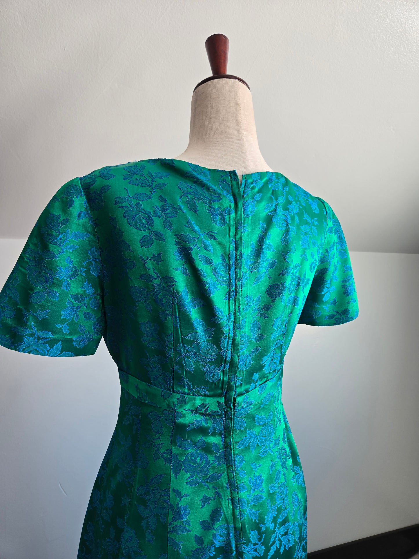 1950s Jacquard Floral Blue Dress - small