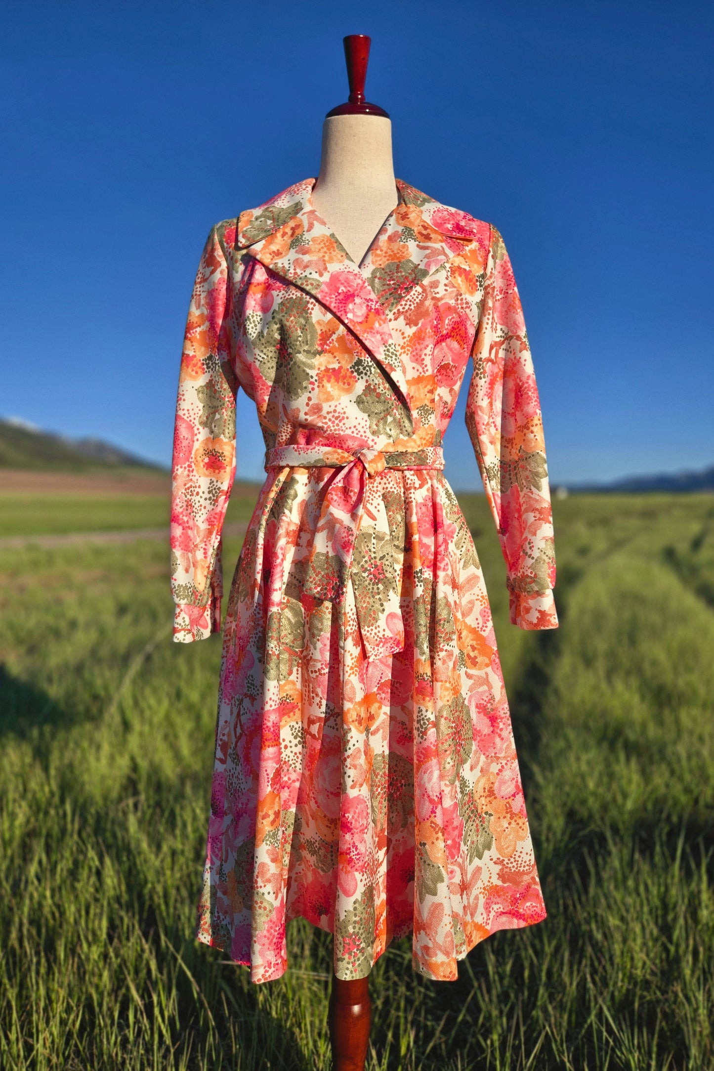 Dyanne Dallas Vintage 70s Bright Floral Dress with Belt - small