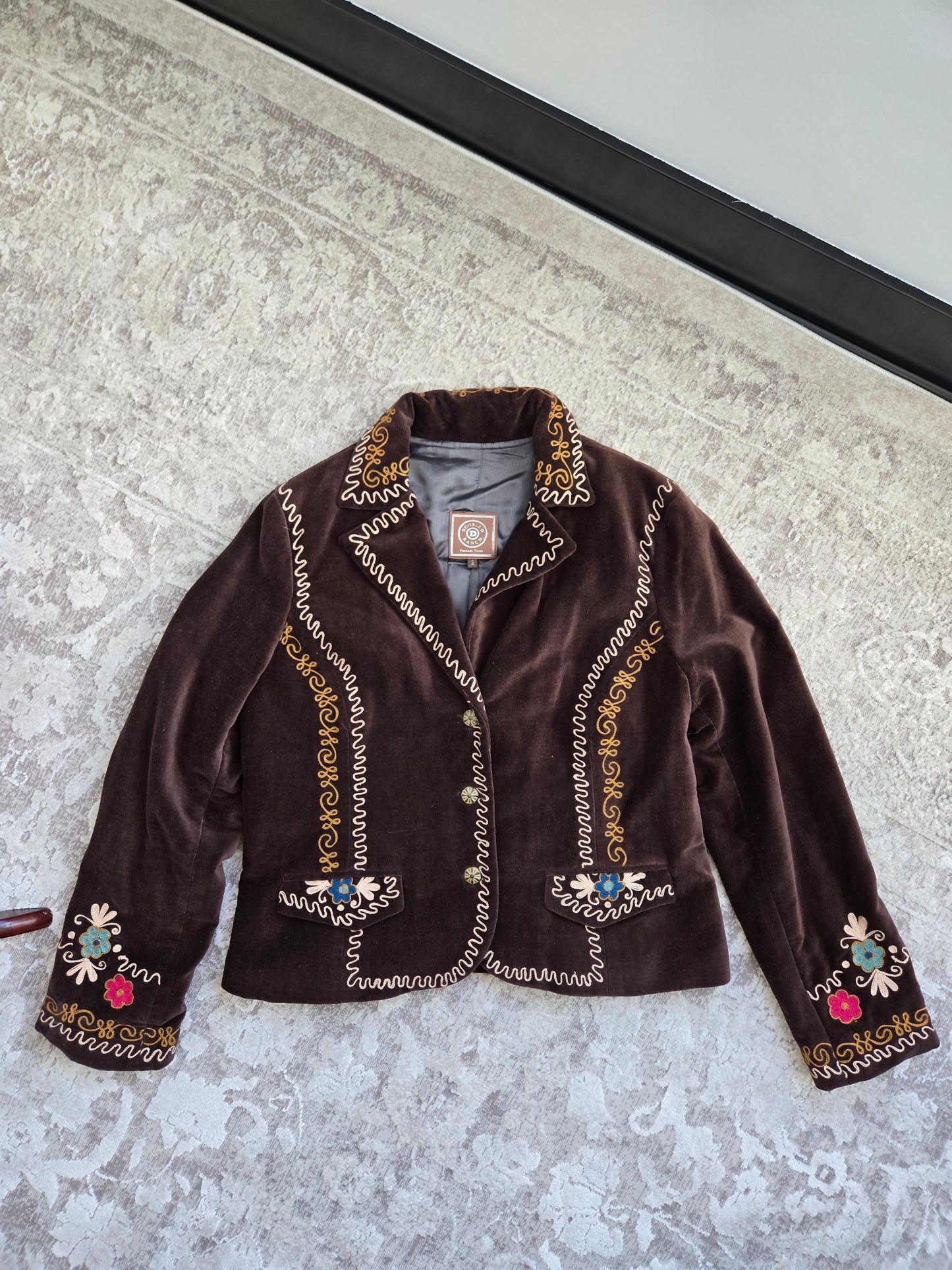 Doubled D Ranch Brown Velvet Blazer with Colorful Stitching Detail - XL