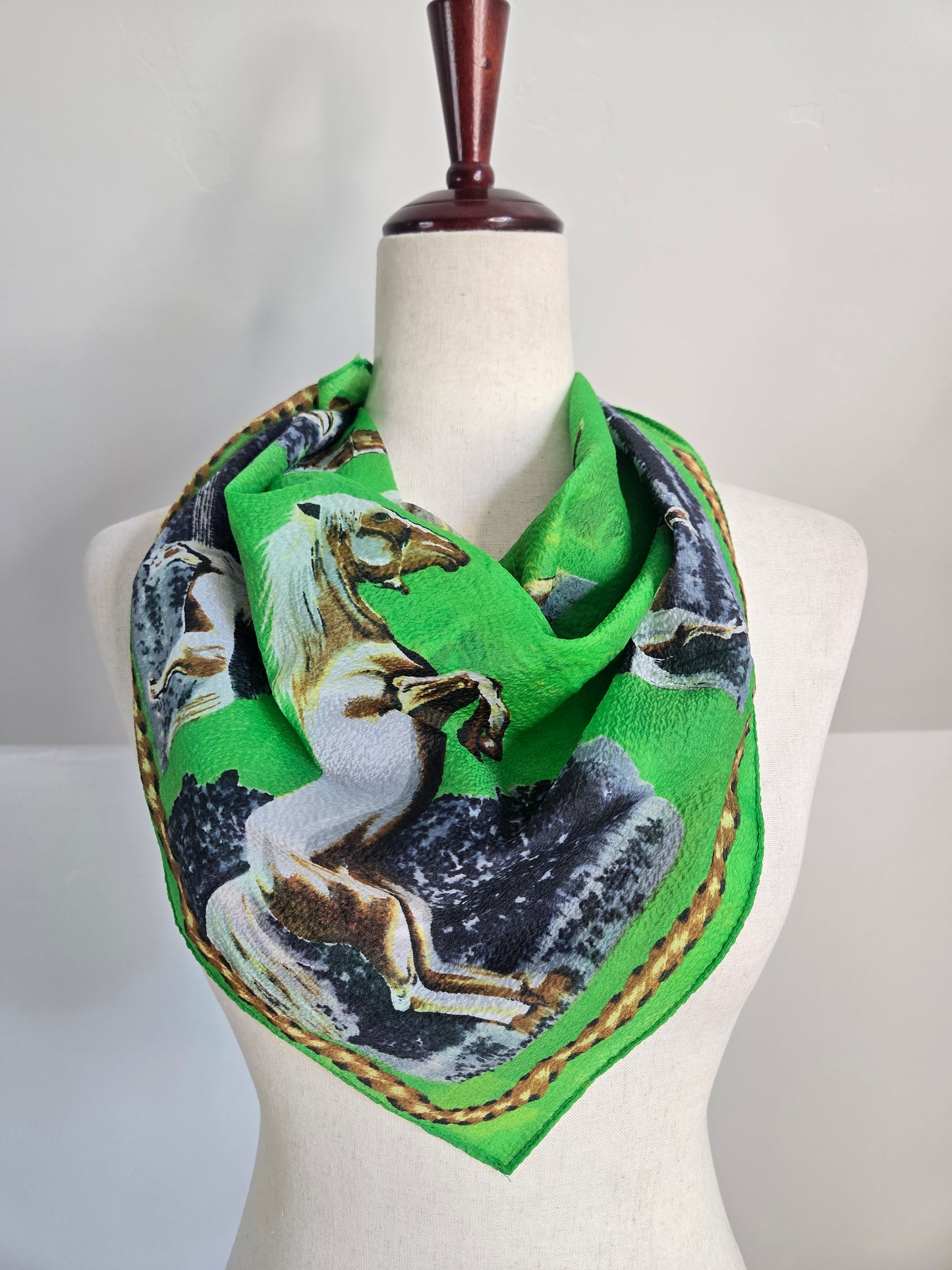 Vintage Lime Green Nylon Horse Scarf Made in Japan