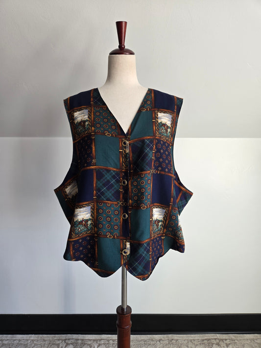 Jantzen Vintage Equestrian Print Plaid Vest - 2XL
