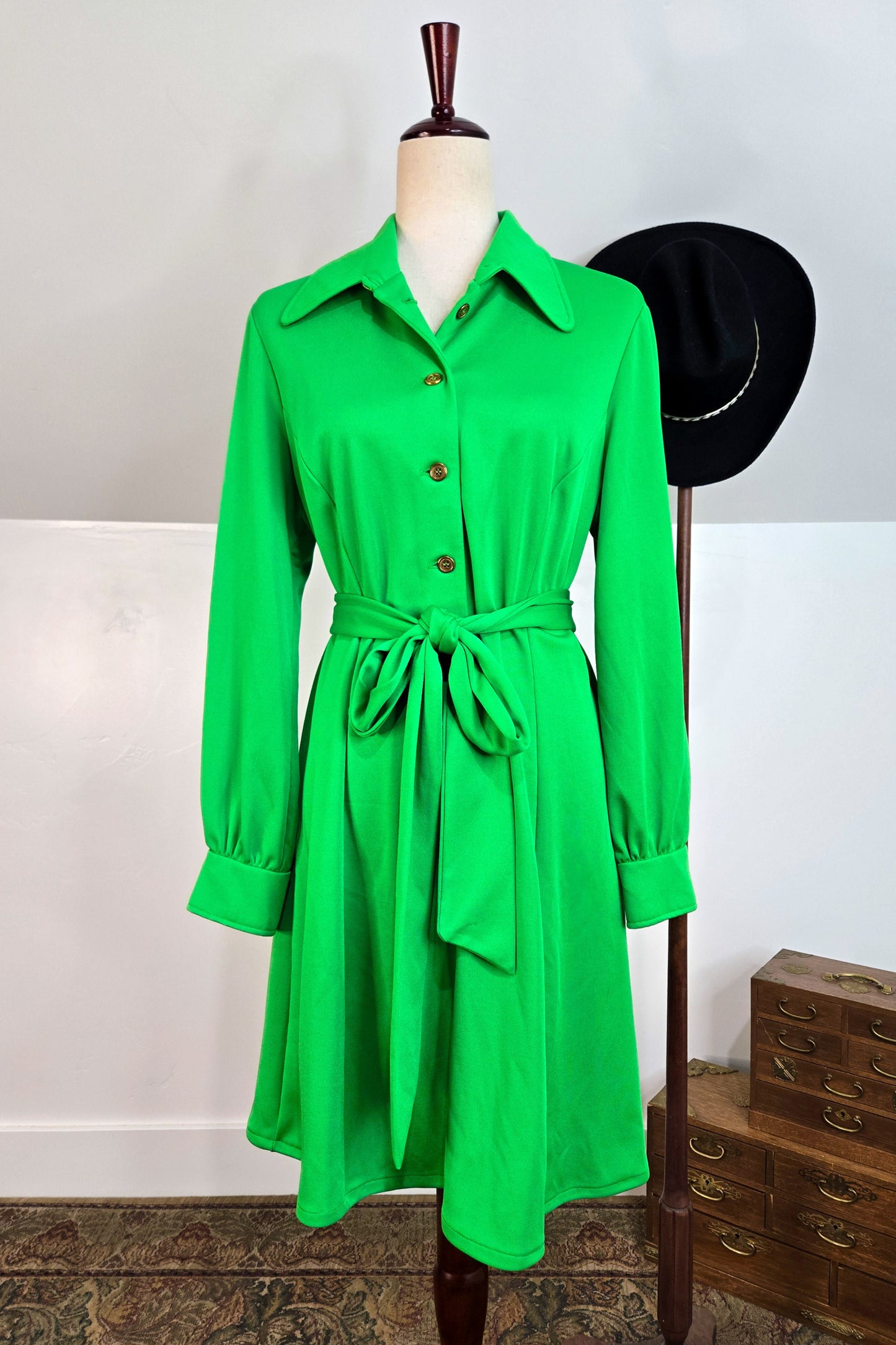 Vintage 70s Lime Green Button Down Mini Dress - L/XL