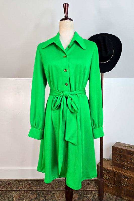 Vintage 70s Lime Green Button Down Mini Dress - L/XL