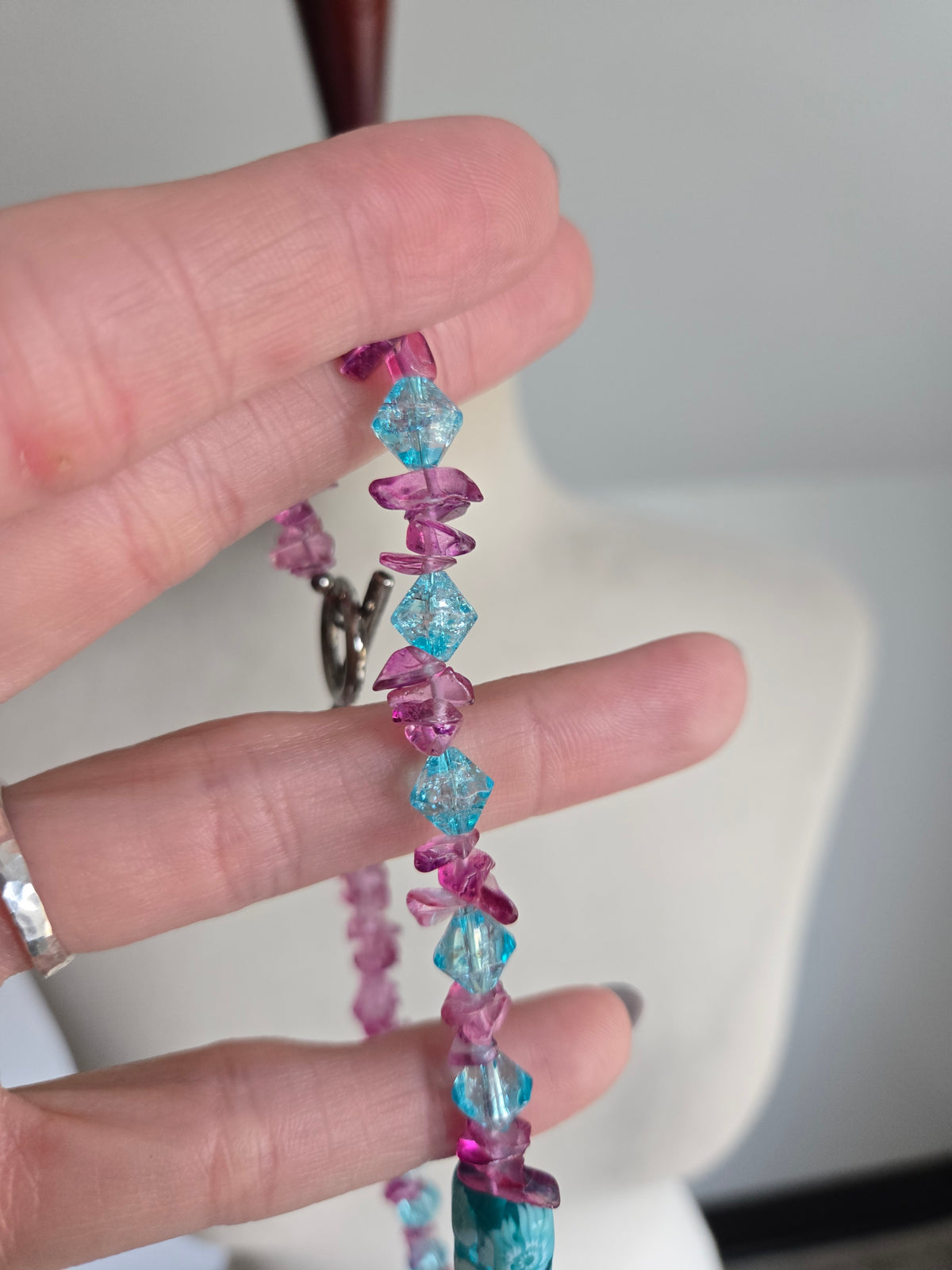 Turquoise and Pink Art Glass Bead Necklace