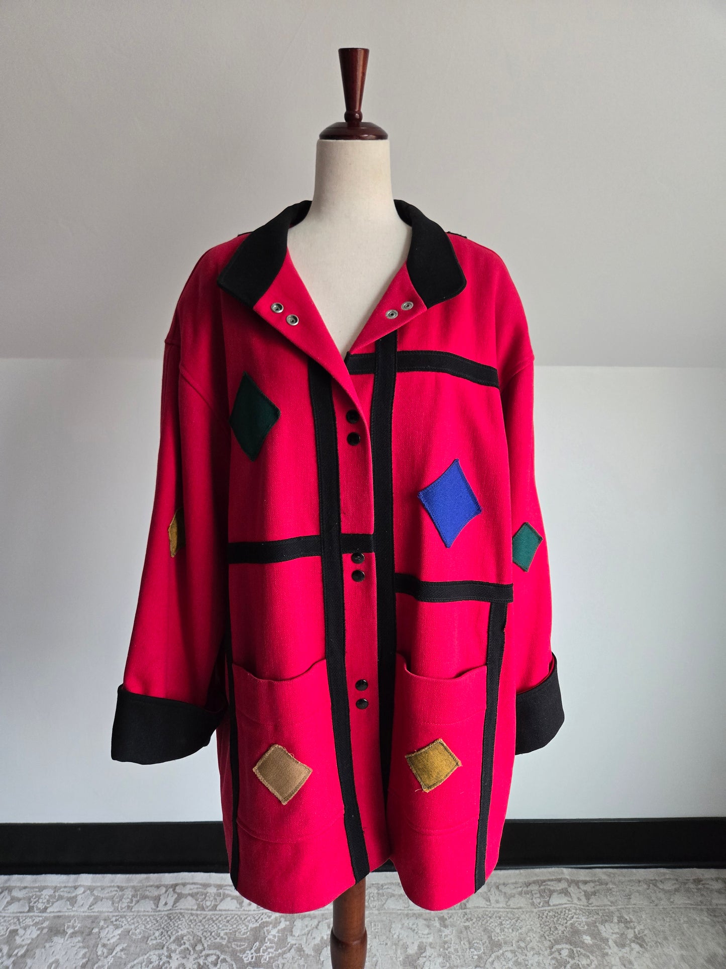 Vintage 1980s Geo Patch Wool Coat Made in Yugoslavia - 2XL