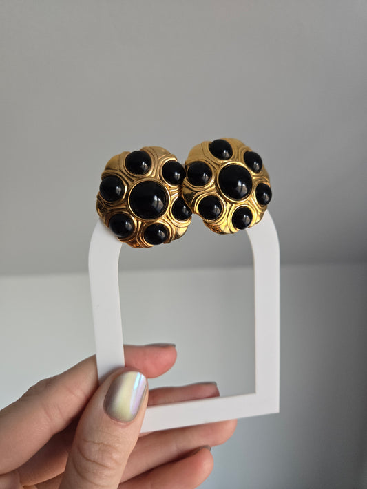 Napier Vintage Chunky Gold Tone and Black Cab Pierced Earrings