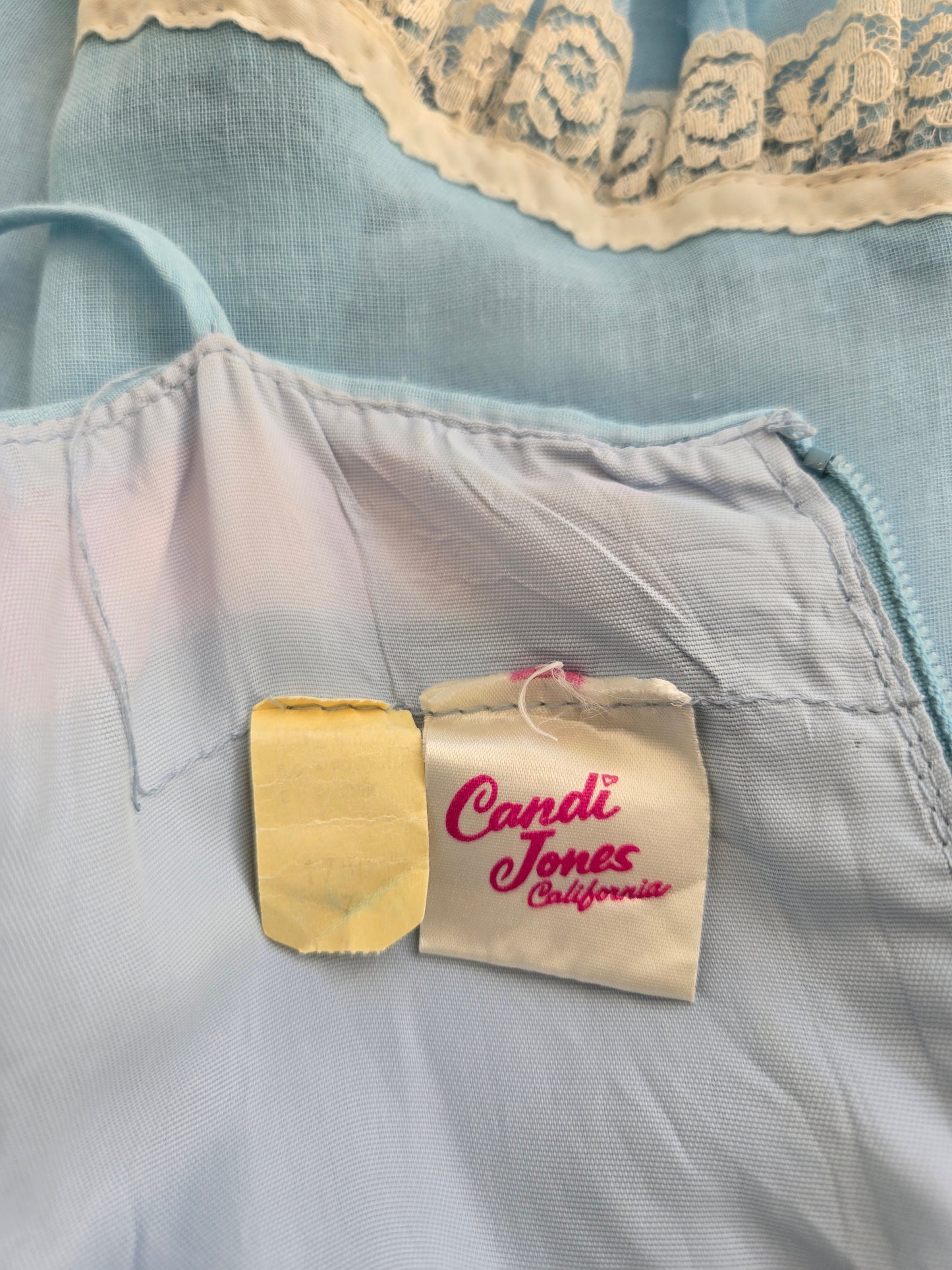 Candi Jones California Vintage 70s Baby Blue Lace Bib Prairie Dress - XS
