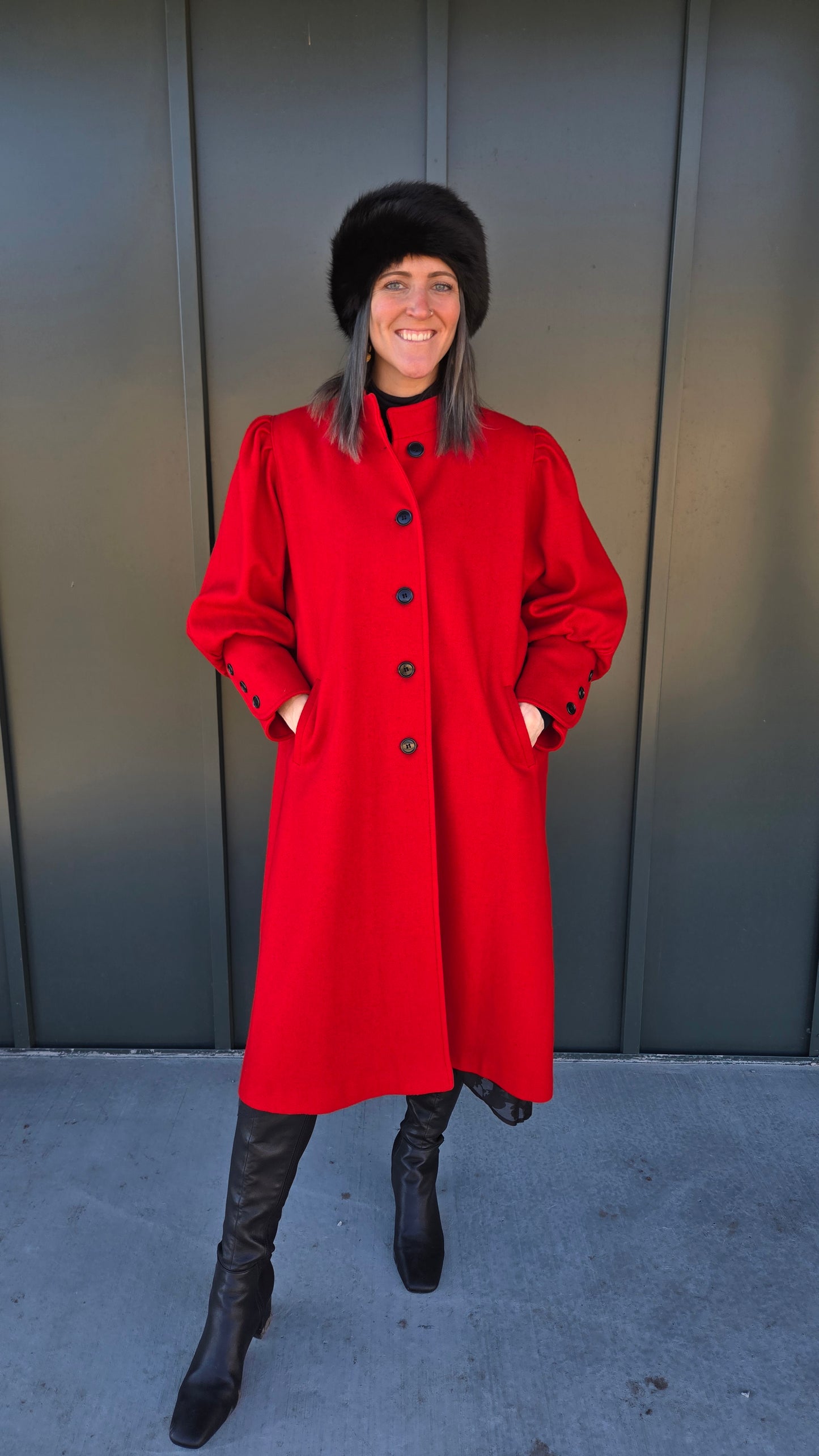 Lady Suzette Vintage 80s Edwardian Revival Bright Red Wool Over Coat - L/XL