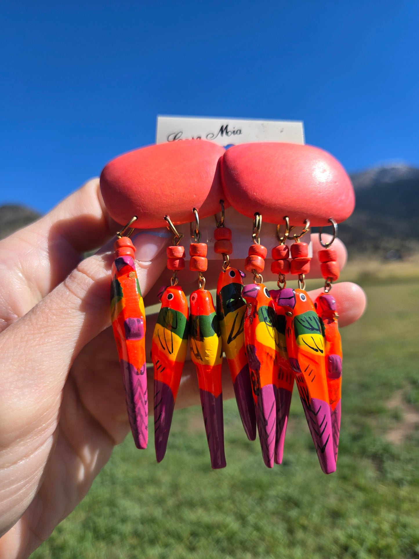 Deadstock Wood Dangling Neon Hand Painted Parrot Earrings
