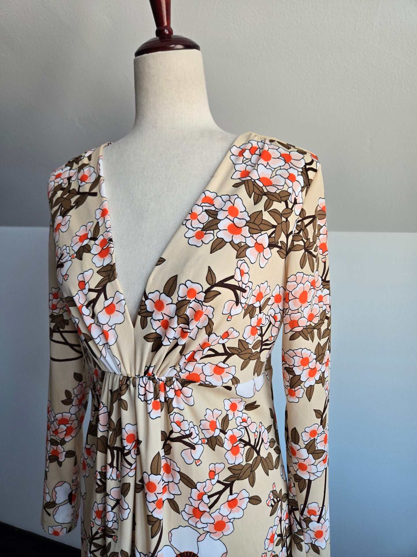 Vintage 70s Tan Floral Print Maxi Dress - medium