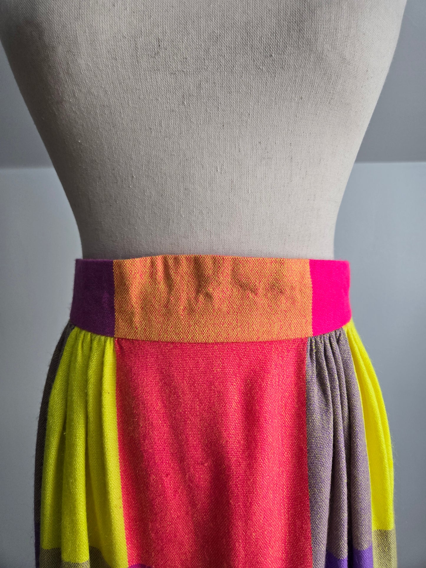 Vintage 70s Neon Plaid Matching Skirt and Scarf Set - W28"