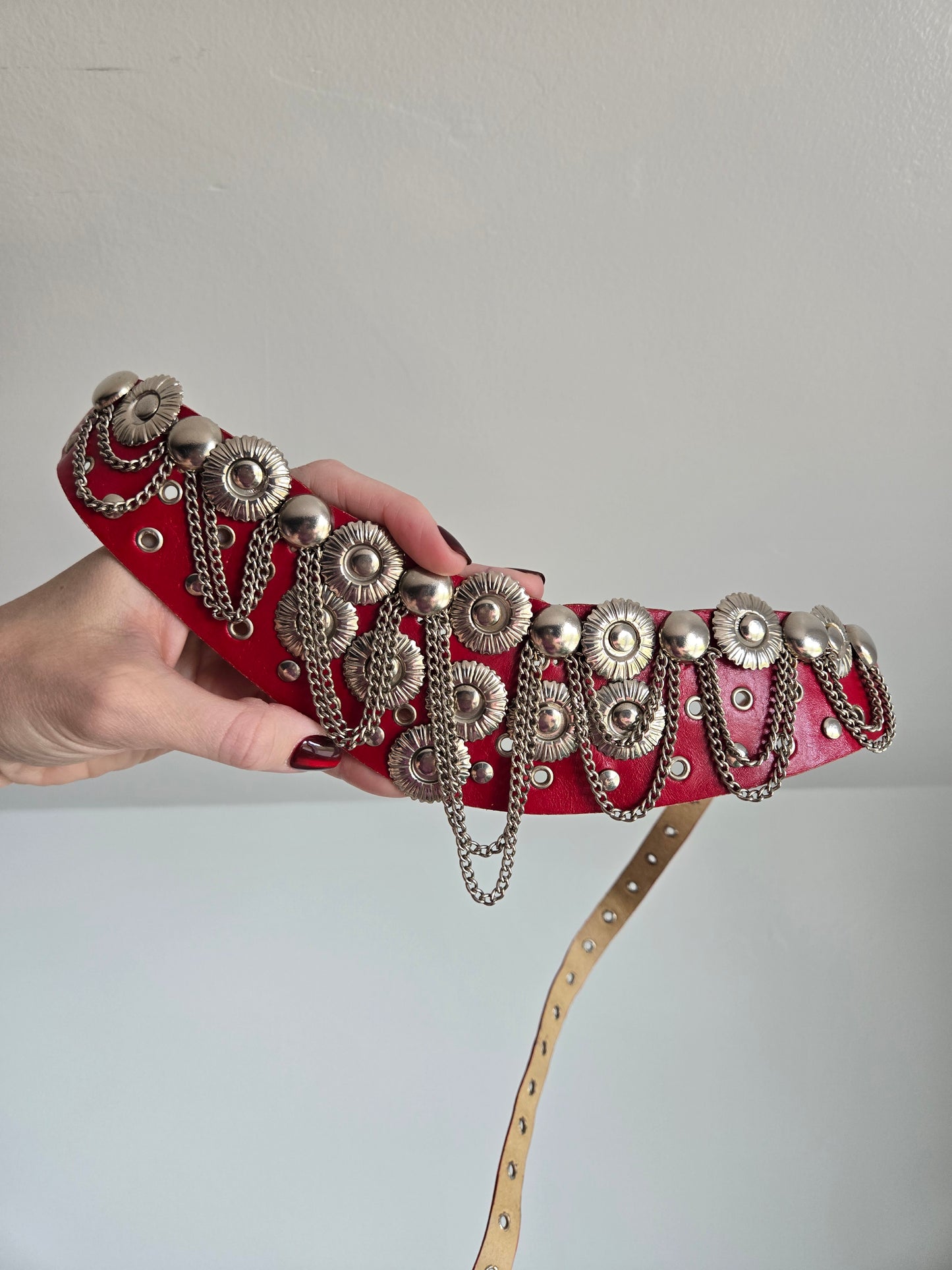 Vintage Red Leather Belt with Silver Coins and Chains - W26-36"